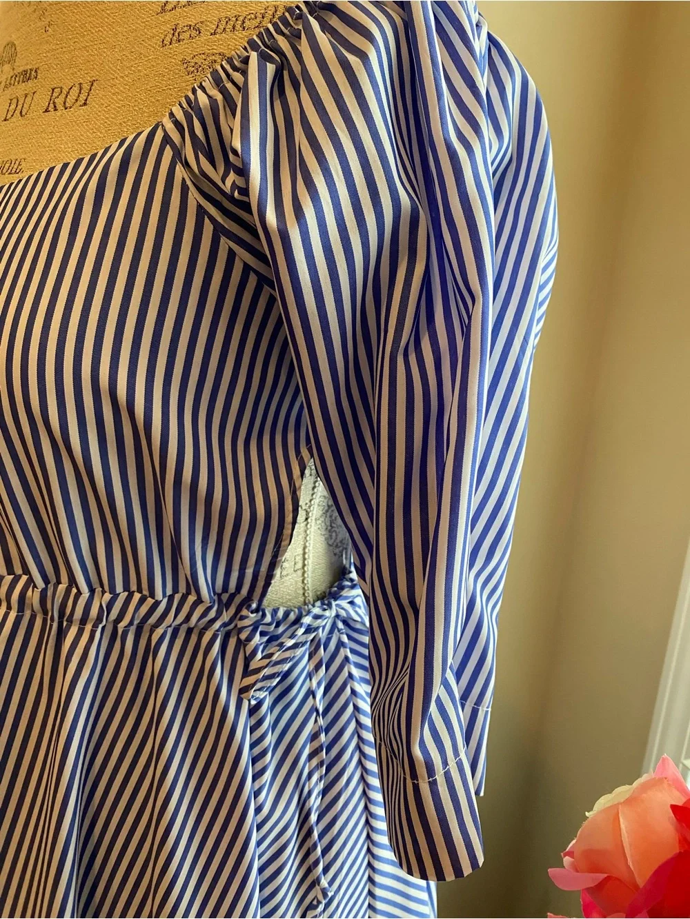 Blue and White Striped Midi Dress with Square Neck and Tie Waist - Picture 5 of 6